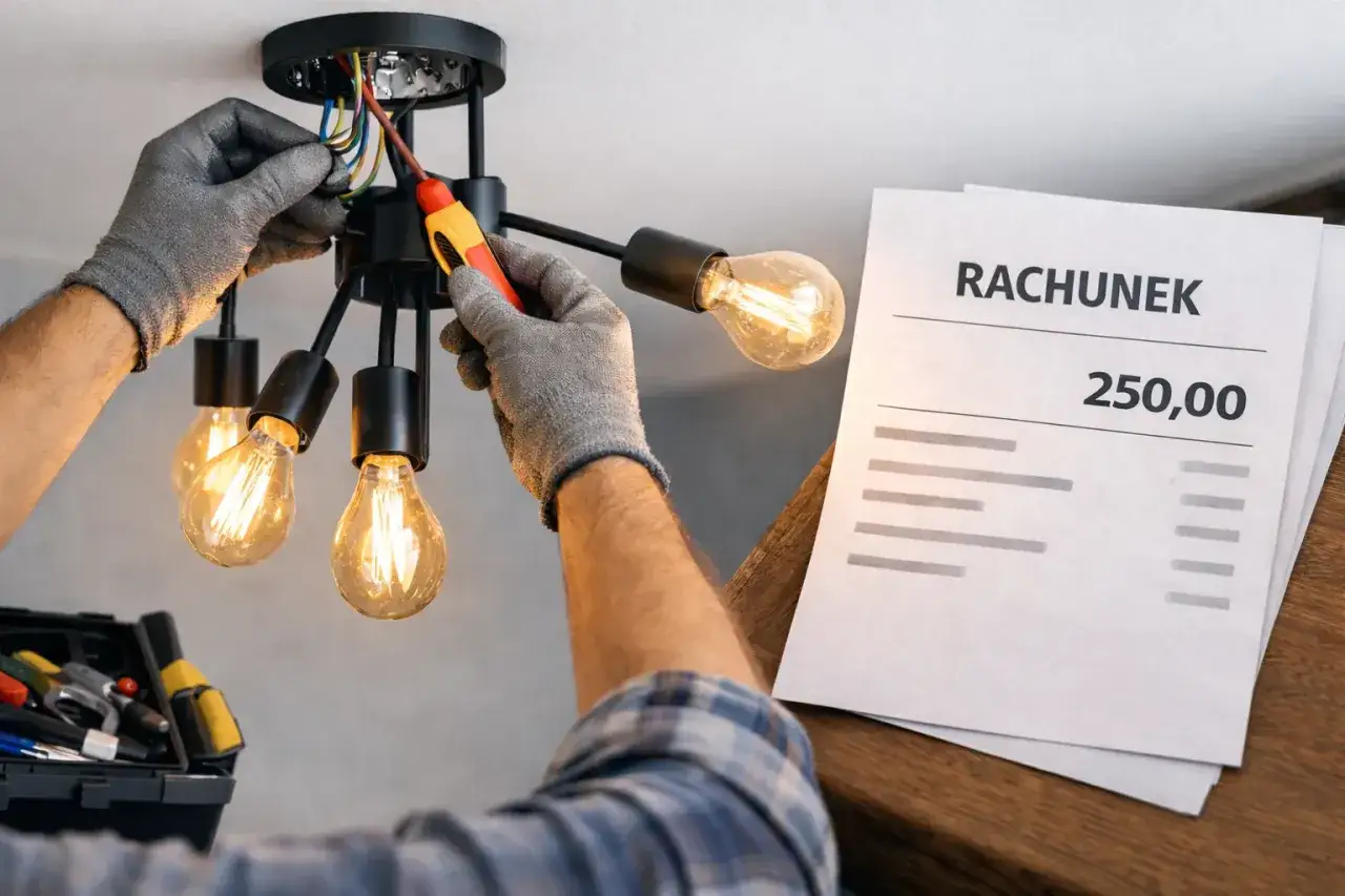 Elektryk w rękawiczkach montuje żyrandol, obok leży rachunek na 250 zł.