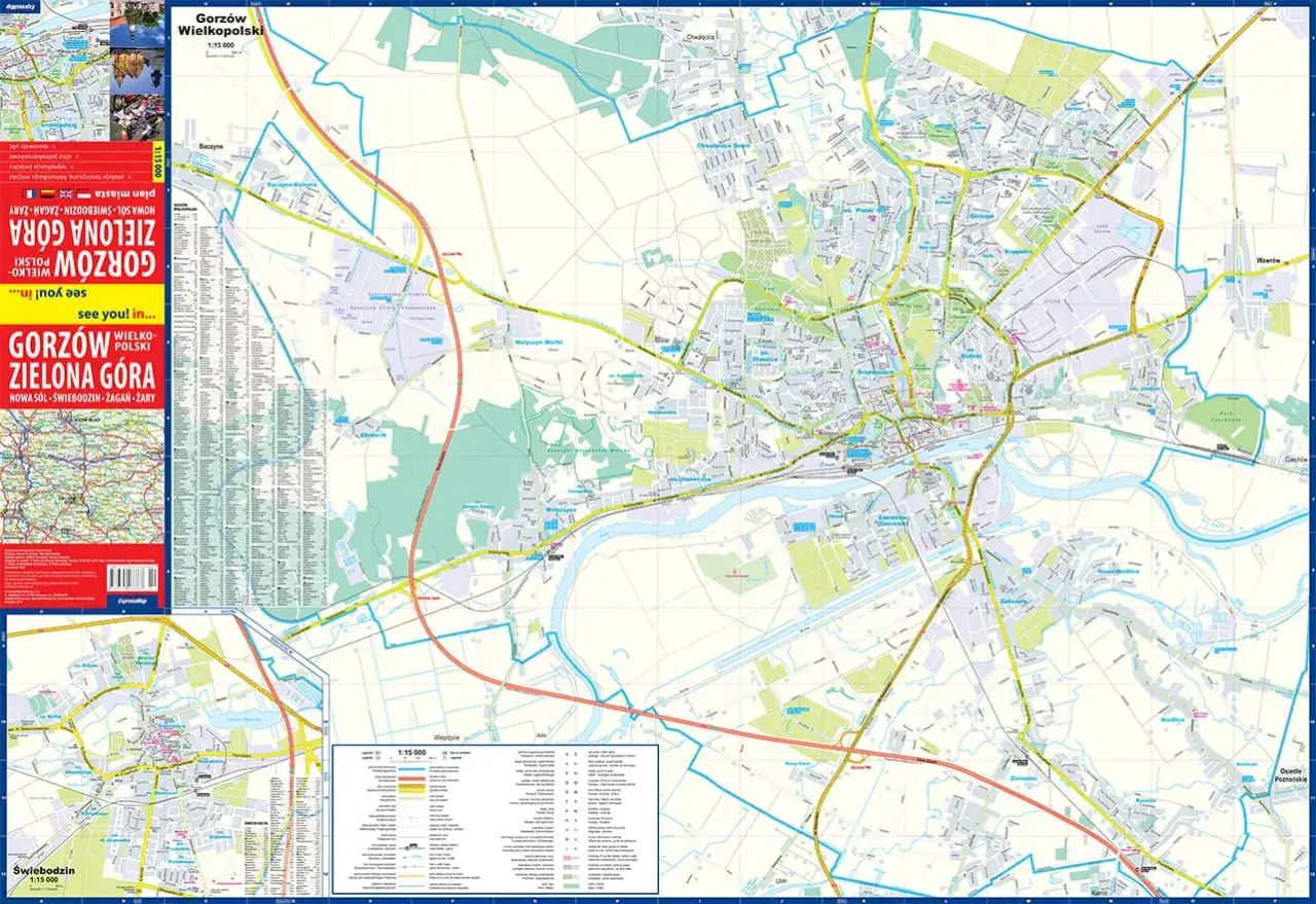 Mapa drogowa Gorzowa Wielkopolskiego i Zielonej Góry z zaznaczonymi trasami i planami miast.