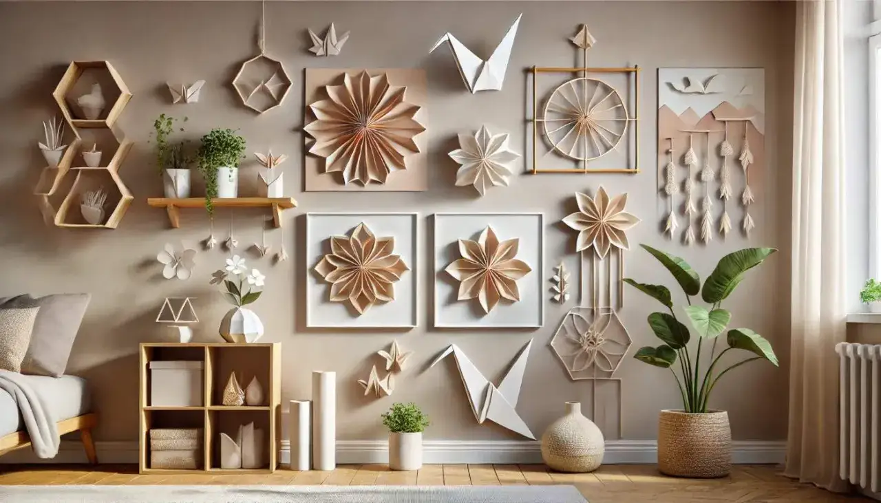 Dekoracje na ścianę w stylu origami: kwiaty, żurawie, motyle i geometryczne kształty tworzą przytulną atmosferę.