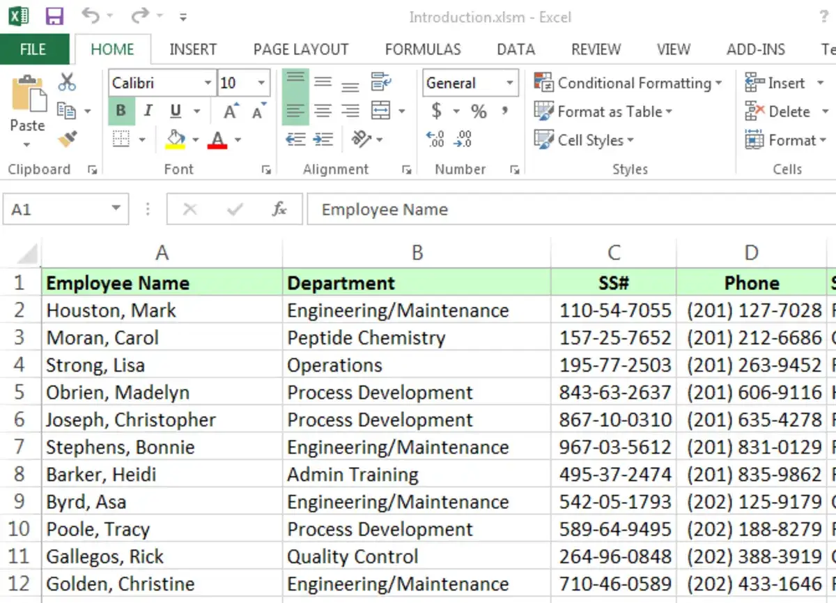Fragment arkusza kalkulacyjnego Excel z danymi pracowników: imię, dział, SS#, telefon.