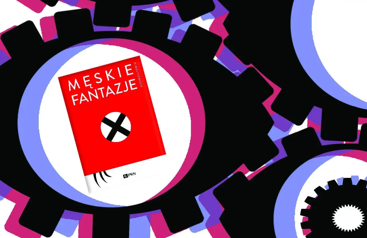 Czerwona okładka książki "Męskie fantazje" z symbolem krzyża w okręgu, otoczona przez czarne koła zębate z kolorowymi wstawkami. To nie jest zwykła inwektywa, to prowokacja.