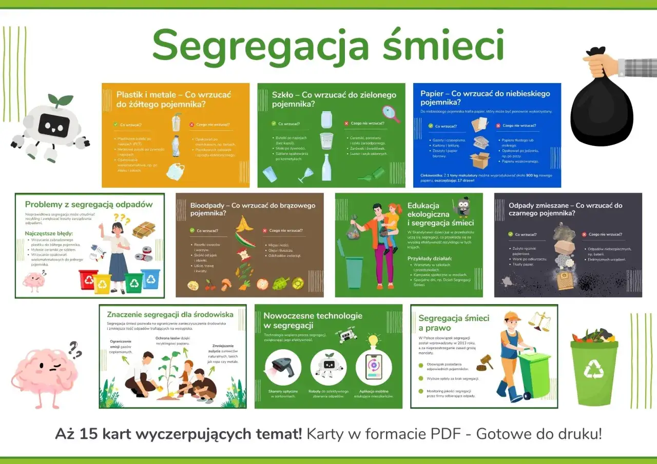 Segregacja śmieci dla dzieci do druku: ilustracje pokazują, co wrzucać do żółtego, zielonego, brązowego i niebieskiego pojemnika.
