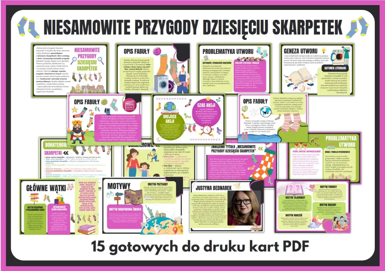 Niesamowite przygody dziesięciu skarpetek – karty PDF z opisem fabuły, bohaterów, motywów i problematyki utworu.