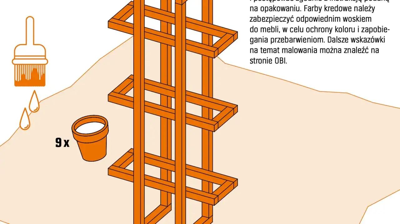 Ilustracja przedstawia pędzel, krople farby, doniczkę z napisem "9x" i fragment drewnianego kwietnika.