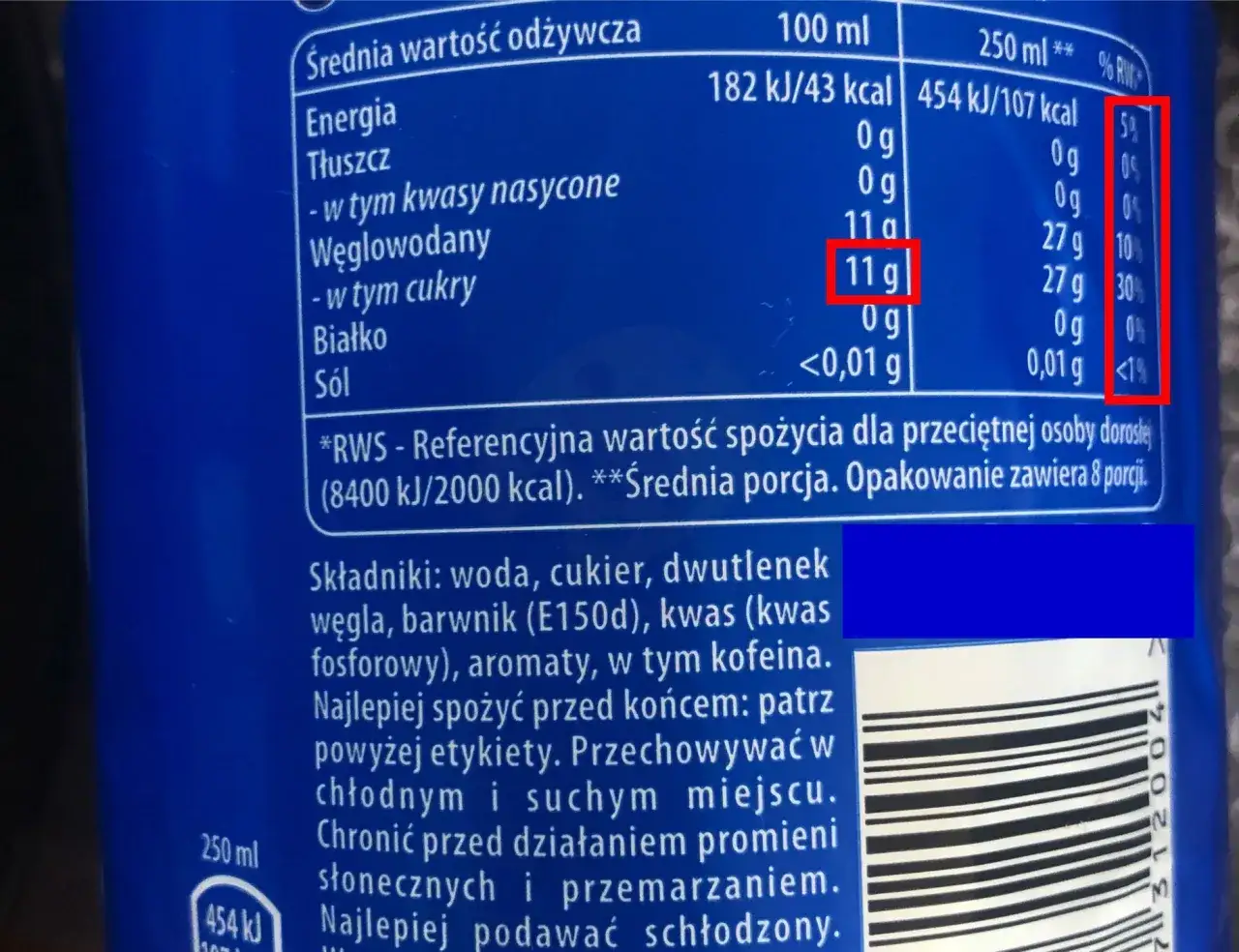 Tabela wartości odżywczych napoju. Czy piwo ma cukier? Tak, ten napój zawiera 11g cukru w 100ml.
