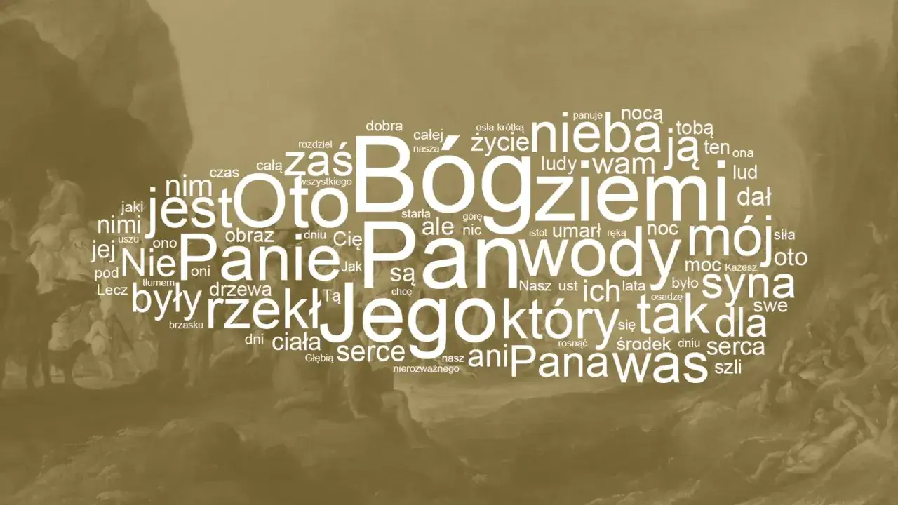 Słowa z Psalmu 148 tworzą chmurę, gdzie "Oto Bóg ziemi" i "Pan wody" dominują. W tle widać fragmenty malowidła.