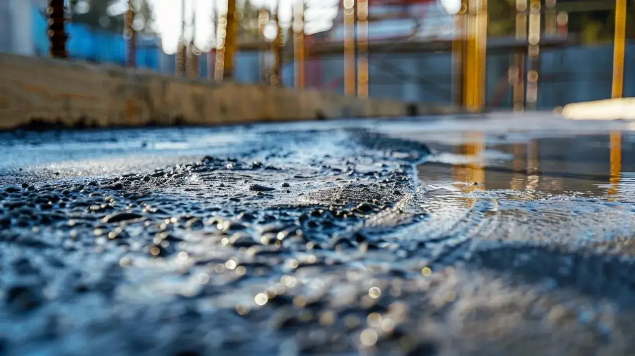 Zbliżenie na mokry, chropowaty beton z odbiciami światła, w tle zamazane elementy budowy.