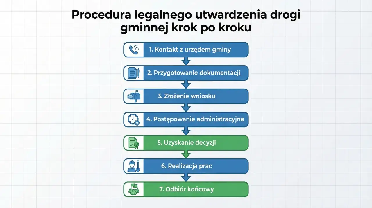 Schemat procedury legalnego utwardzenia drogi gminnej: kontakt z urzędem, przygotowanie dokumentacji, złożenie wniosku, postępowanie administracyjne, uzyskanie decyzji, realizacja prac, odbiór końcowy.