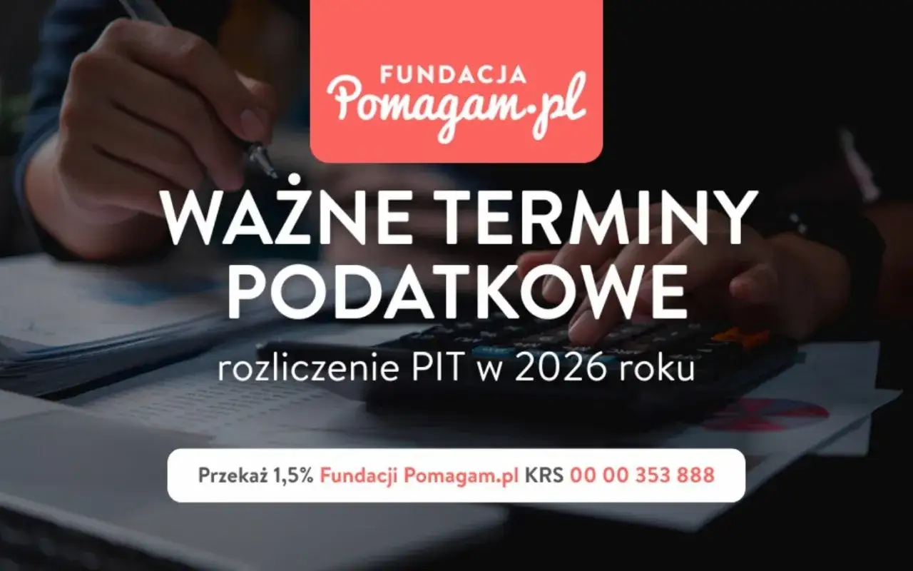 Dłoń pisząca długopisem nad dokumentami i kalkulatorem, z napisem "Ważne terminy podatkowe".