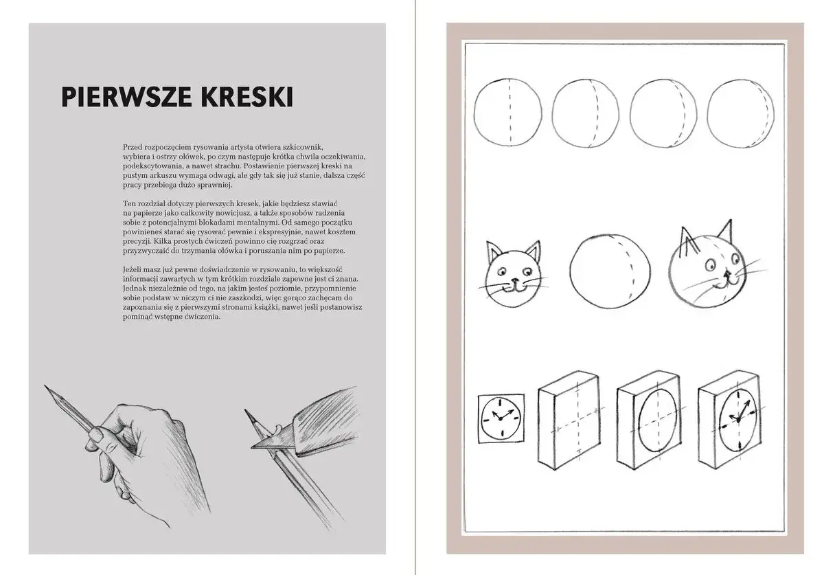 Ilustracje pokazują, jak nauczyć się rysować, od prostych kółek i kotków po zegary i bryły.