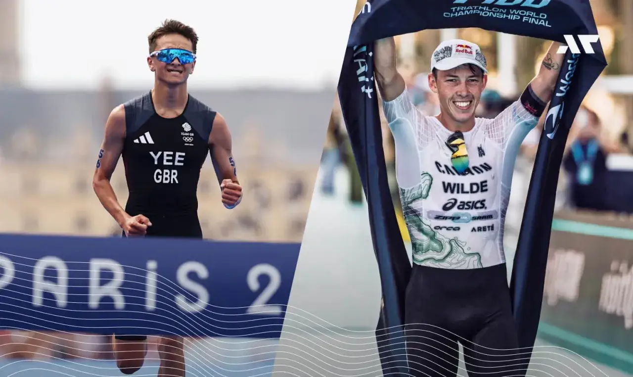 Dwóch zawodników triathlonu, Alex Yee i Hayden Wilde, po pokonaniu trudnego dystansu.