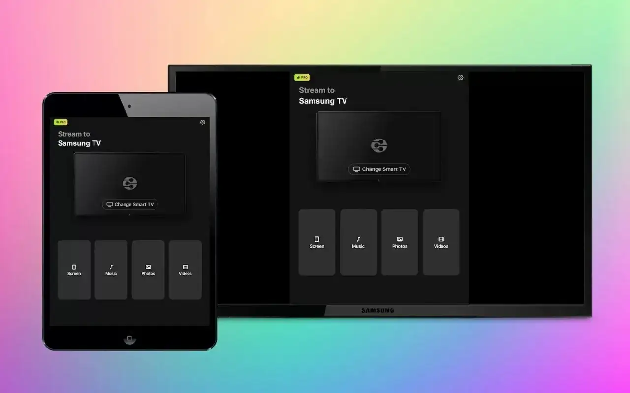 Tablet i telewizor Samsung z aplikacją do streamingu. Możliwość przesyłania ekranu, muzyki, zdjęć i filmów dzięki funkcji airplay.