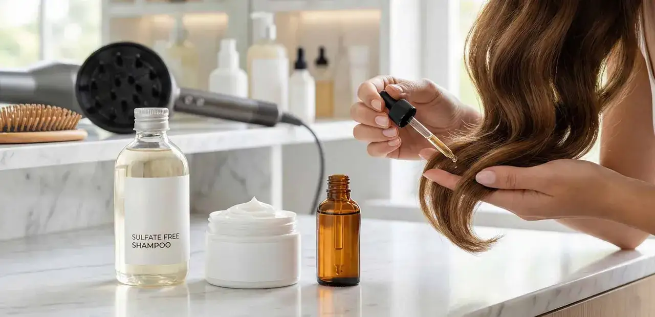 Rutina para saber como hidratar el pelo: champú sin sulfatos, crema y aceite capilar.