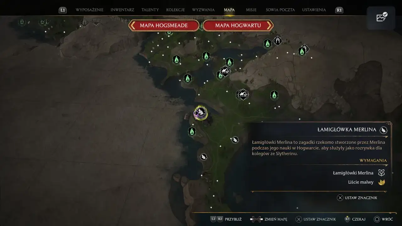Mapa Hogwartu z zaznaczonymi zagadkami Merlina. Opis wyjaśnia, że to zadania stworzone przez Merlina.