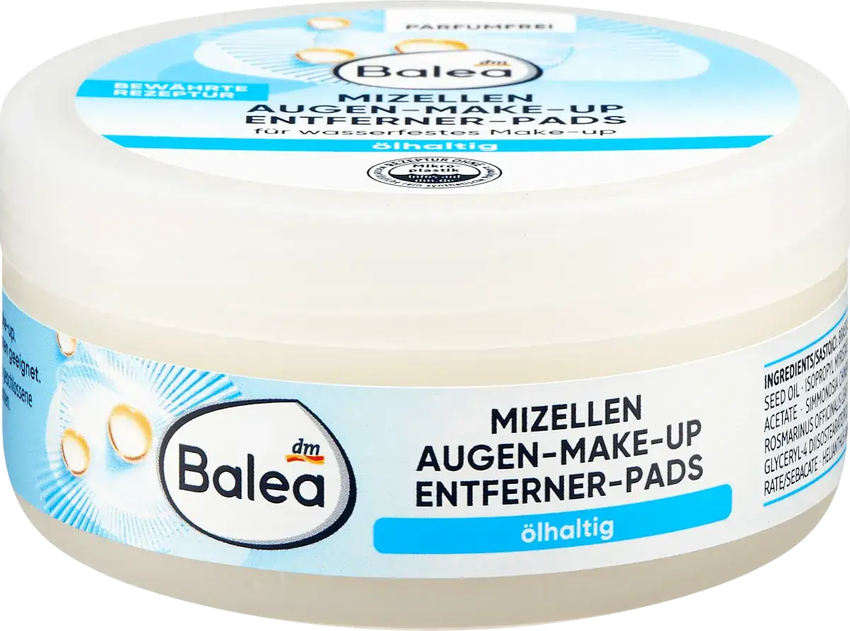 Balea Mizellen Augen-Make-up Entferner Pads, ölhaltig, in weißer Dose mit blauem Etikett.