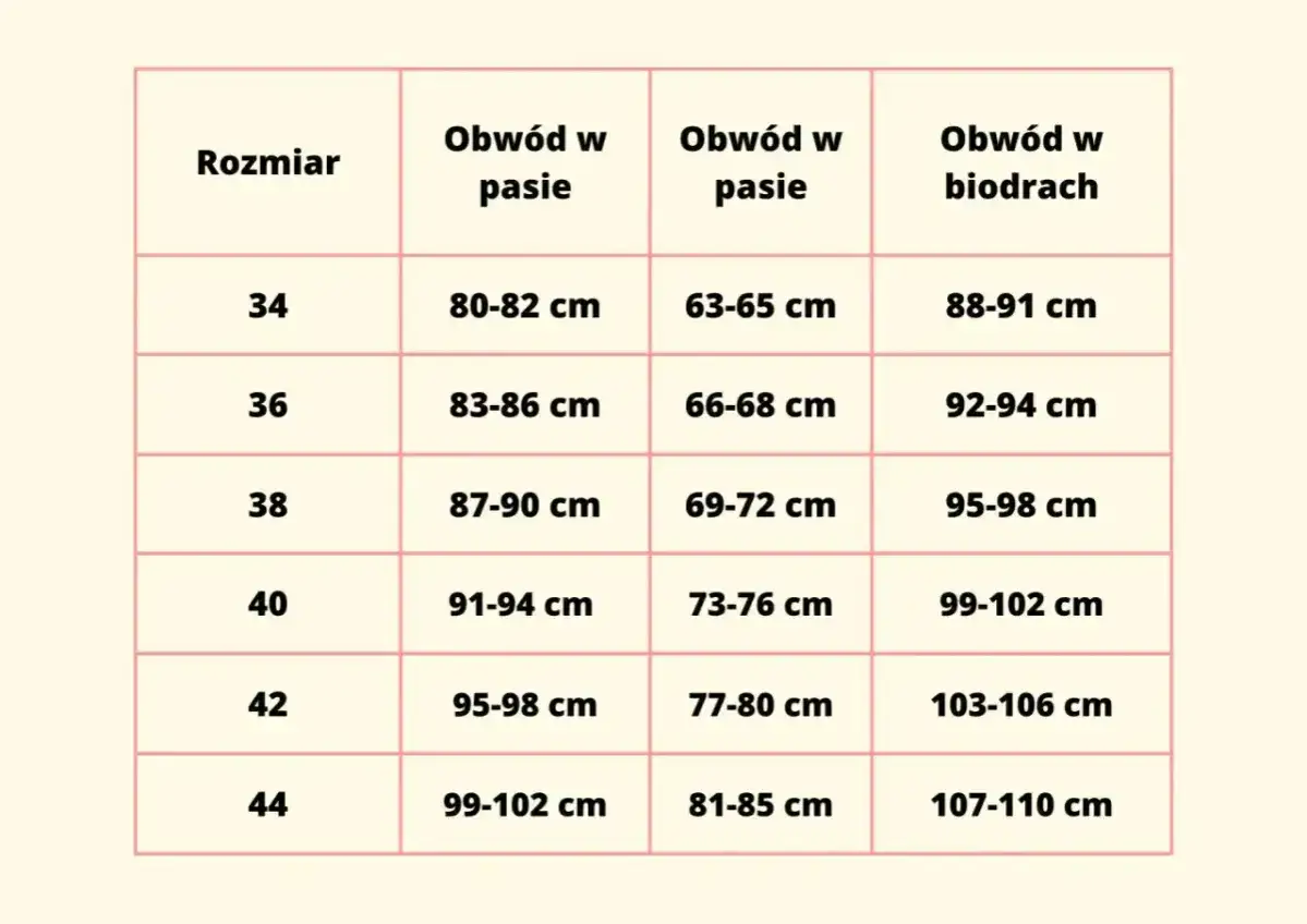 Tabela rozmiarów od 34 do 44. Rozmiar 40 odpowiada obwodowi w pasie 91-94 cm i biodrach 99-102 cm.