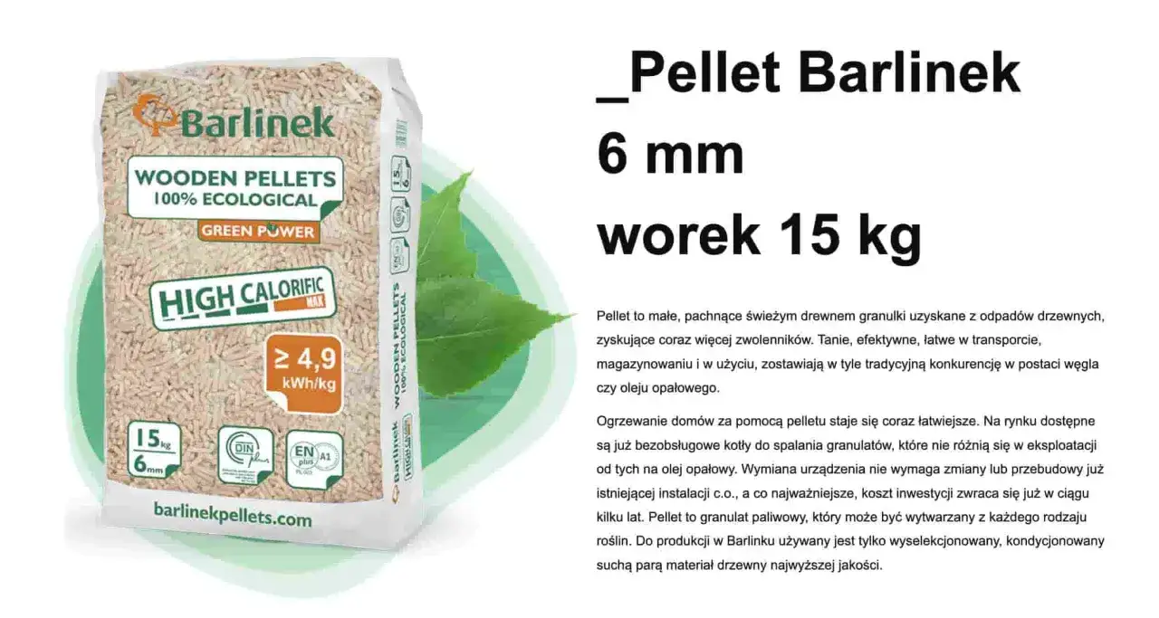 Worek pelletu drzewnego Barlinek 15 kg, 6 mm, o wysokiej kaloryczności.