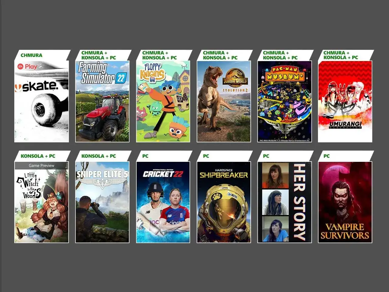 Game Pass PC lista gier: Skate, Farming Simulator 22, Floppy Knights, Jurassic World Evolution 2, Pac-Man Museum+, Umurangi Generation, Little Witch in the Woods, Sniper Elite 5, Cricket 22, Hardspace Shipbreaker, Her Story, Vampire Survivors.