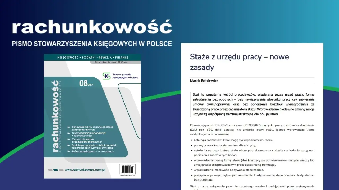 Okładka pisma "Rachunkowość" z numerem 08/2025 i artykułem o stażach z urzędu pracy.