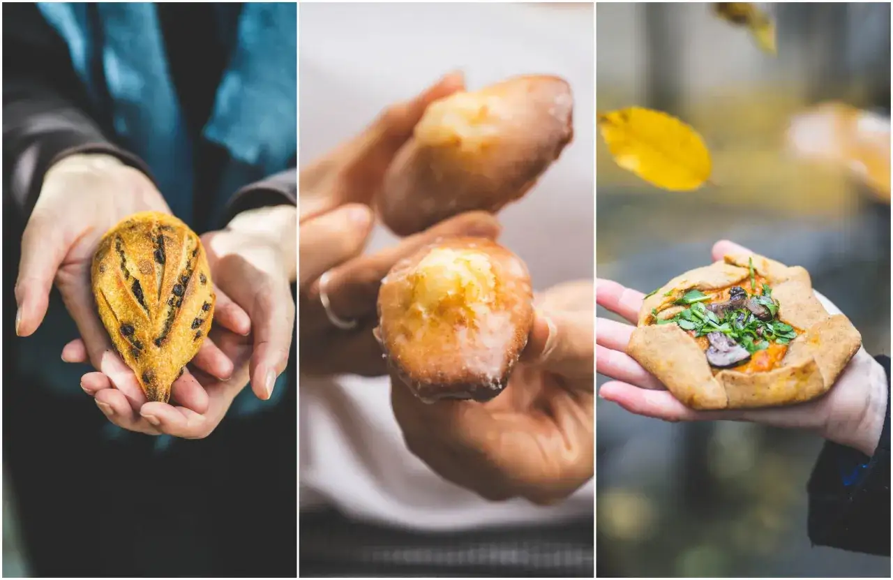 Trois gourmandises : un pain aux pépites de chocolat, des madeleines glacées et une galette salée aux champignons. Des produits typiquement parisiens à savourer.