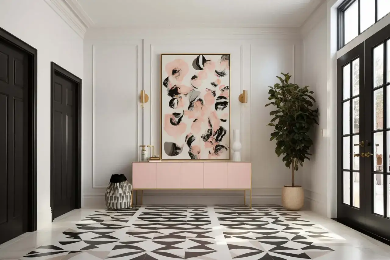 Elegancki hol z czarnymi drzwiami, geometryczną podłogą i abstrakcyjnym obrazem w sztukaterii. Różowa komoda i roślina dodają koloru.