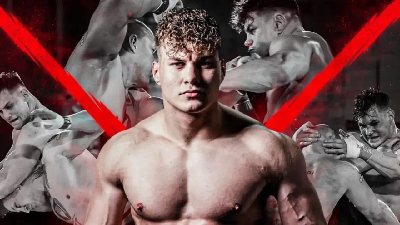 Młody zawodnik MMA, który wygląda na około 20 lat, w centrum, otoczony przez sceny walki.
