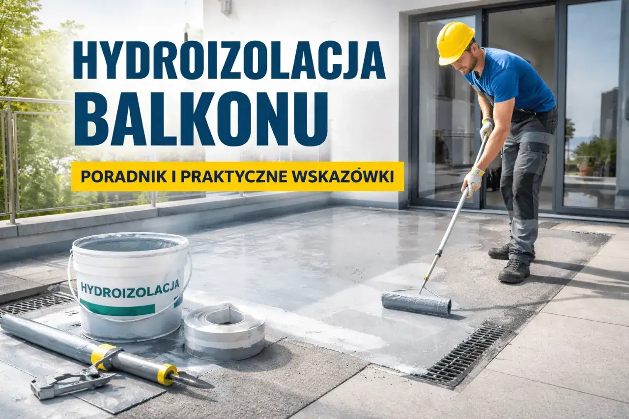Jaka hydroizolacja na balkon? Pracownik nakłada masę uszczelniającą wałkiem. Na pierwszym planie wiadro z napisem "HYDROIZOLACJA".