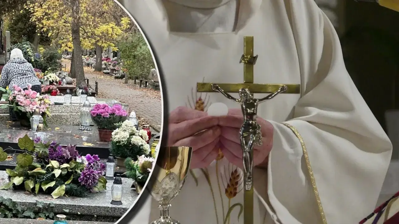 Parafianin w białej szacie trzyma hostię i krzyż. Obok cmentarz z kwiatami i zniczami.