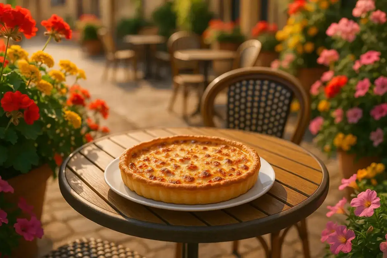 Une quiche lorraine dorée, spécialité de Metz, sur une table de terrasse fleurie.