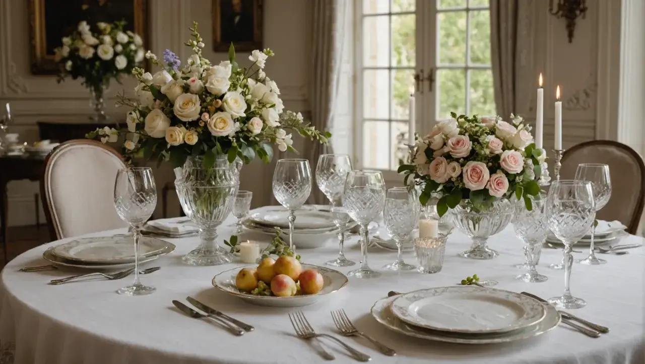Un dîner élégant, où l'art de la table est sublimé par des bouquets de roses, des verres en cristal et des bougies.