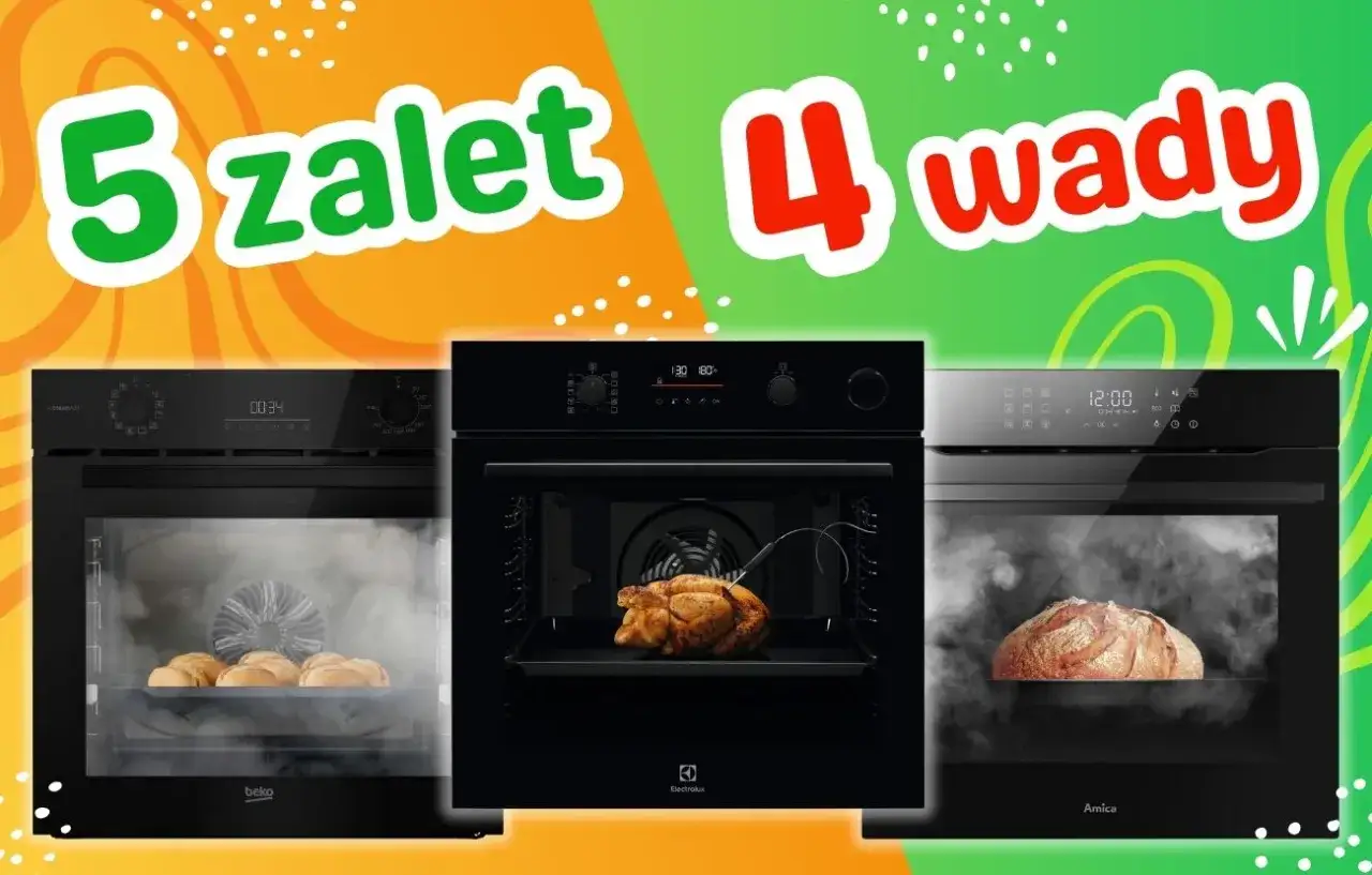 Piekarnik parowy opinie: zobacz 5 zalet i 4 wady. Na zdjęciu piekarniki z pieczonym kurczakiem, chlebem i bułkami.