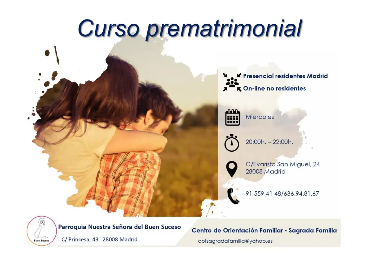 Pareja abrazada, anuncio de curso prematrimonial en Madrid. Miércoles de 20h a 22h.