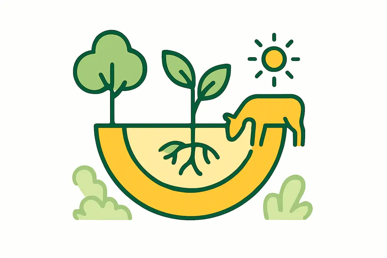 Ilustracja przedstawia drzewo, roślinę z korzeniami, krowę i słońce wewnątrz półkola. To symboliczna nisza ekologiczna.