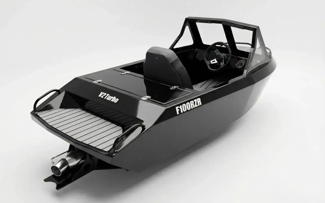 Czarna łódka sportowa F100RZR z kierownicą i siedzeniem. Dowiedz się, jak zarejestrować łódkę, by cieszyć się wodnymi przygodami.