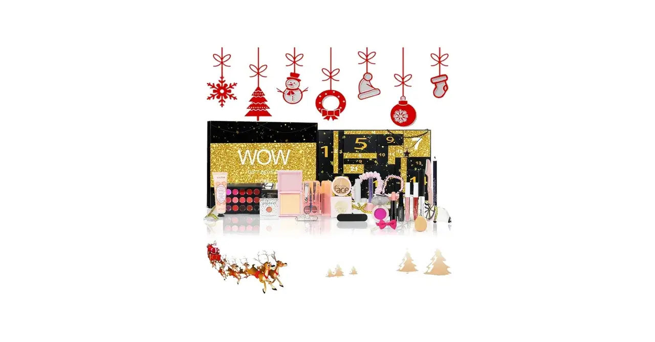 Kosmetik Adventskalender mit vielen Produkten, Weihnachtsmotiven und Rentierschlitten.