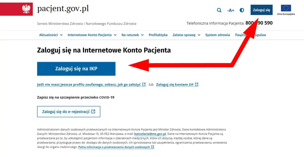 Zaloguj się na Internetowe Konto Pacjenta. Czerwona strzałka wskazuje przycisk "Zaloguj się na IKP".