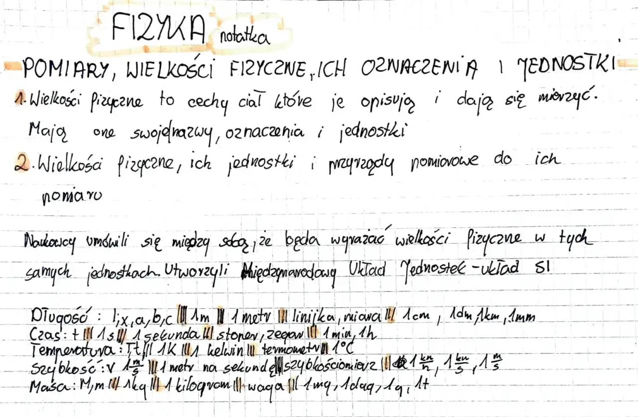 Notatki z fizyki: pomiary, wielkości fizyczne, jednostki. Szybkość mierzona w metrach na sekundę.