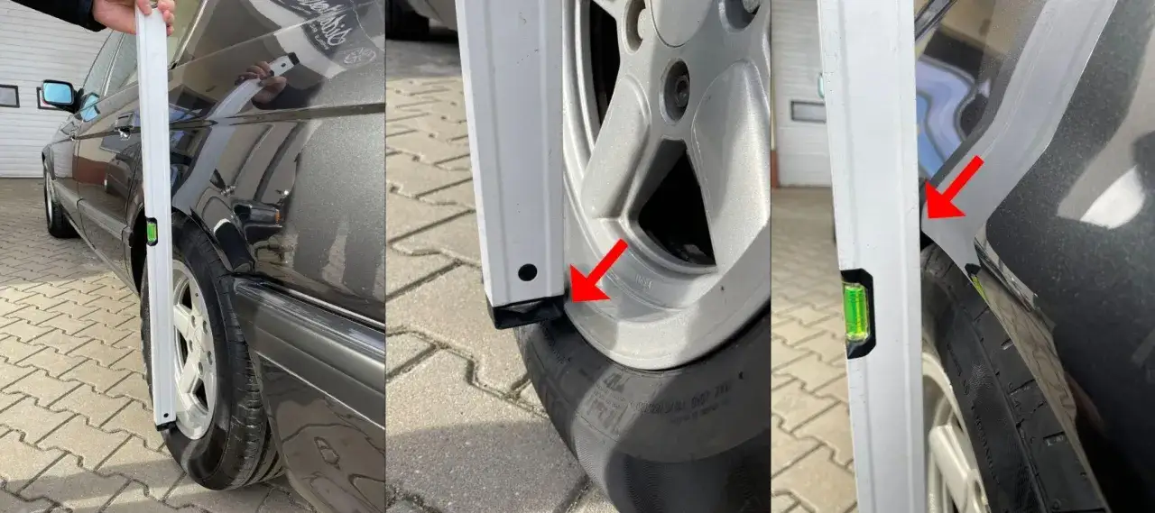 Jak zmierzyć dekielki do felg? Użyj poziomicy, by sprawdzić, czy felga jest równo z nadkolem.