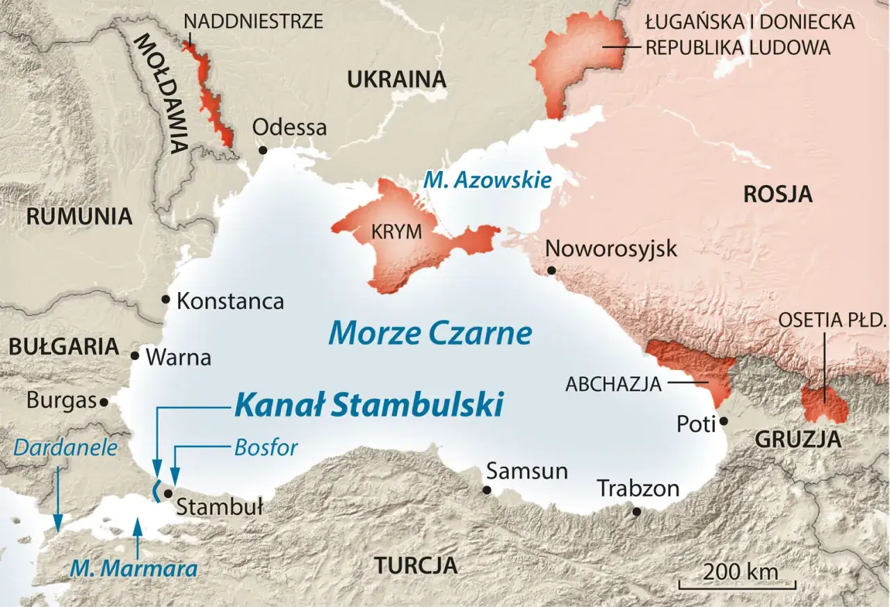 Mapa pokazuje, gdzie znajduje się Morze Czarne, otoczone przez Ukrainę, Rosję, Gruzję, Turcję, Bułgarię, Rumunię i Mołdawię.