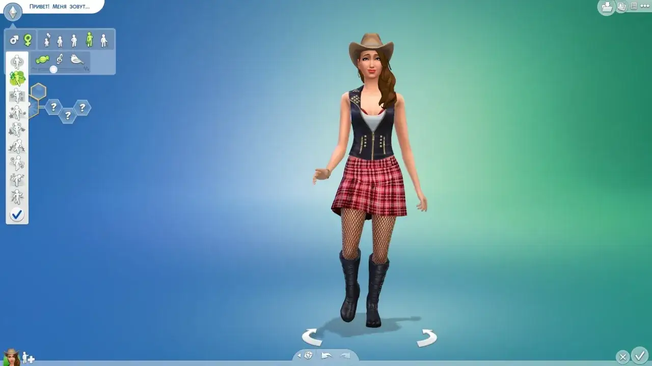Symulator życia z **mod na więcej cech the sims 4**. Dziewczyna w kowbojskim kapeluszu i kratce.