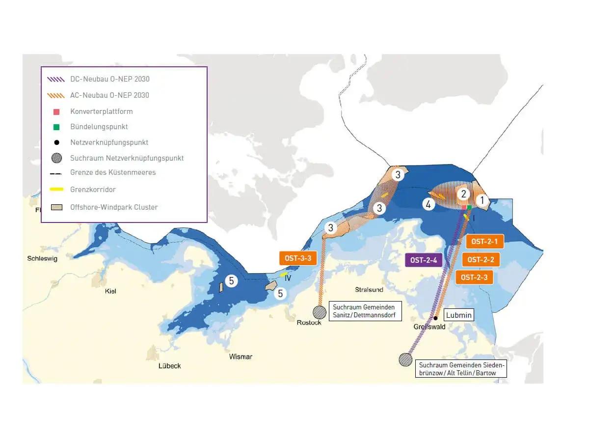 Karte der Windparks an der Ostsee mit Netzanschlusspunkten und Korridoren.