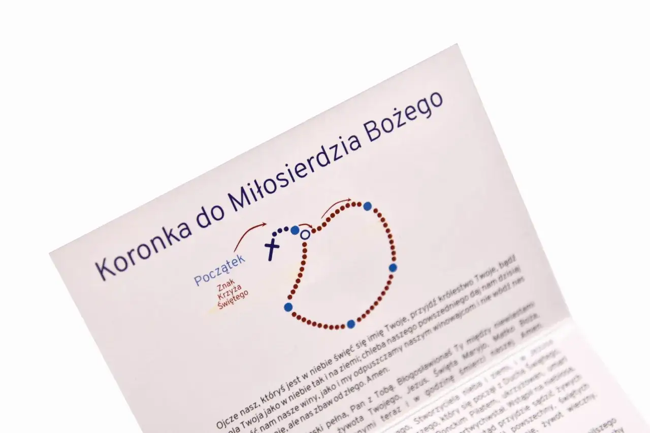 Koronka do Miłosierdzia Bożego z zaznaczonym początkiem i znakiem krzyża. Tekst modlitwy.