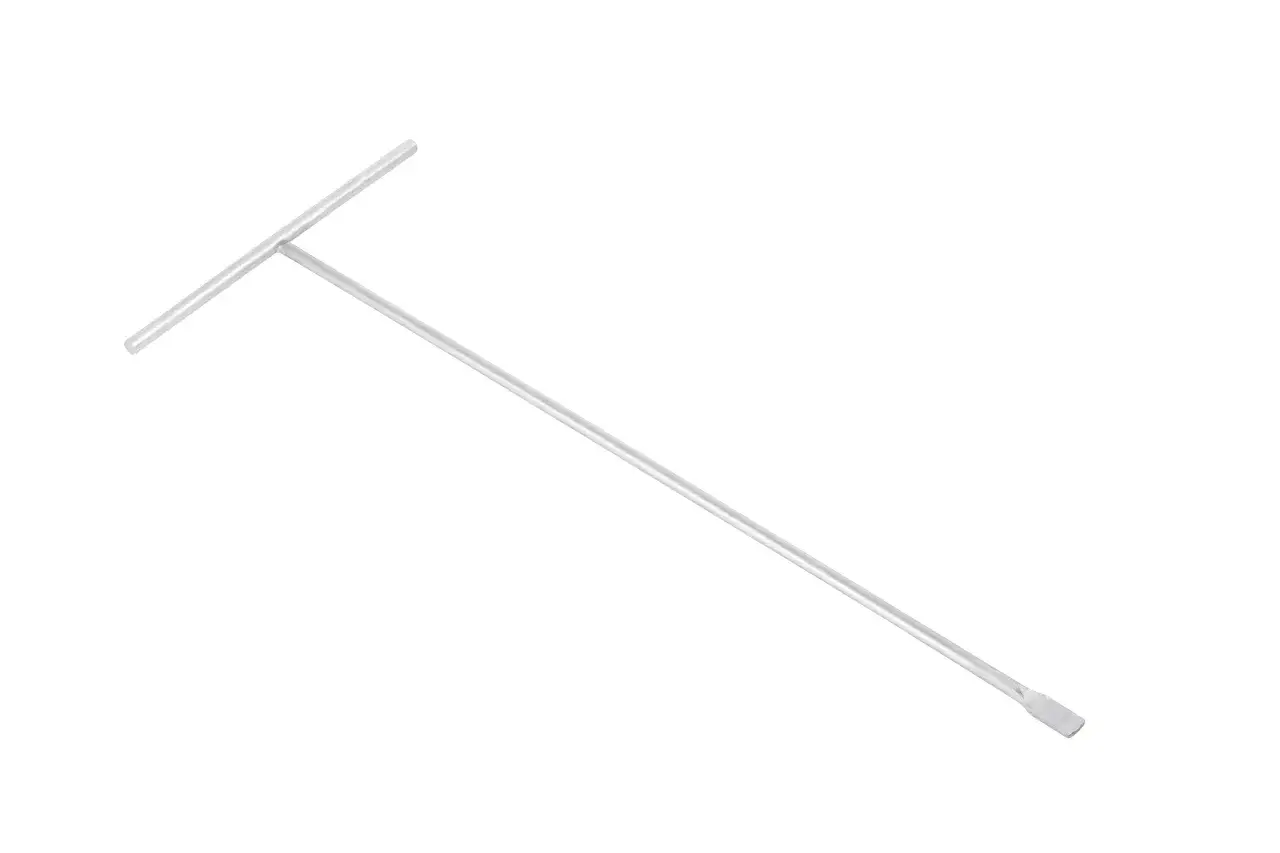 Metalowy klucz do odpowietrzania grzejników aluminiowych, z uchwytem w kształcie litery T i płaską końcówką.
