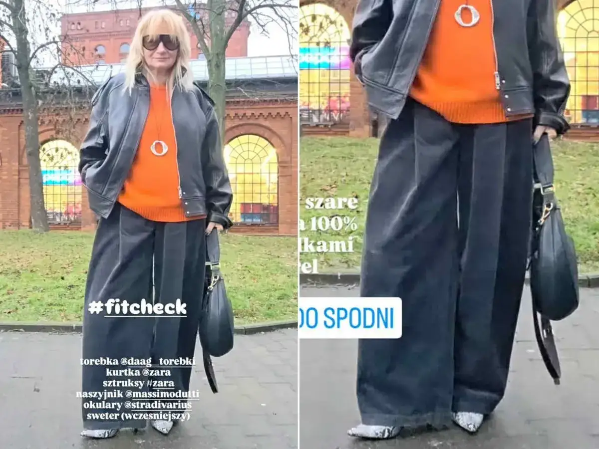 Kobieta w pomarańczowym swetrze, czarnej ramonesce i szerokich, szarych sztruksach. Stylizacja #fitcheck.