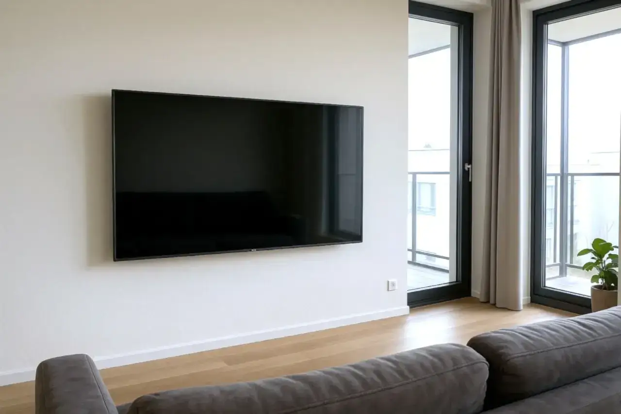 Nowoczesny salon z dużym telewizorem na ścianie. Idealna wysokość, by wygodnie oglądać filmy z kanapy. Jak wysoko wieszać tv? Tu jest przykład.