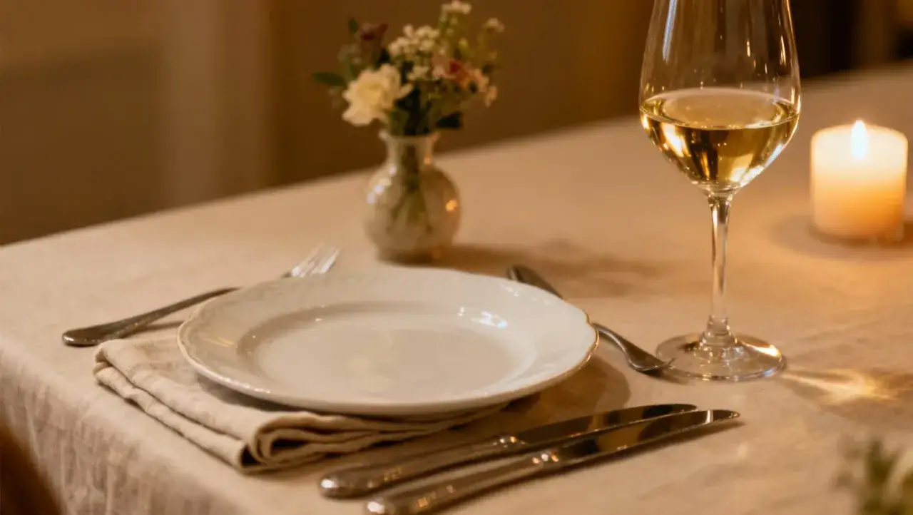 Une table dressée avec soin, une assiette blanche, un verre de vin, une bougie allumée et un petit bouquet de fleurs. L'art de la table pour un dîner intime.