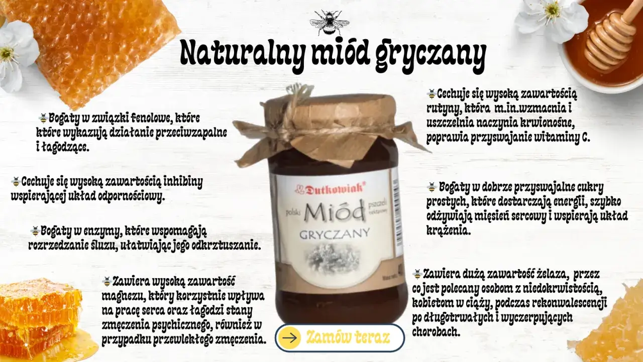 Naturalny miód gryczany – jaki miód najzdrowszy? Bogaty w fenole, rutynę, enzymy i magnez, wspiera odporność i krążenie.