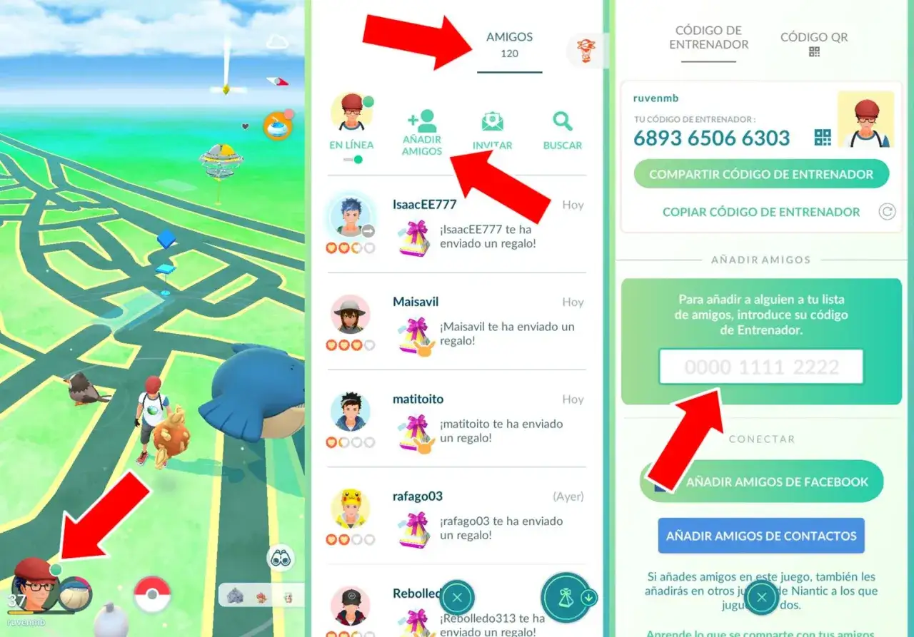 Gra Pokémon Go, ekran z listą znajomych i kodem trenera. Gracze wymieniają się prezentami, budując relacje w grze.