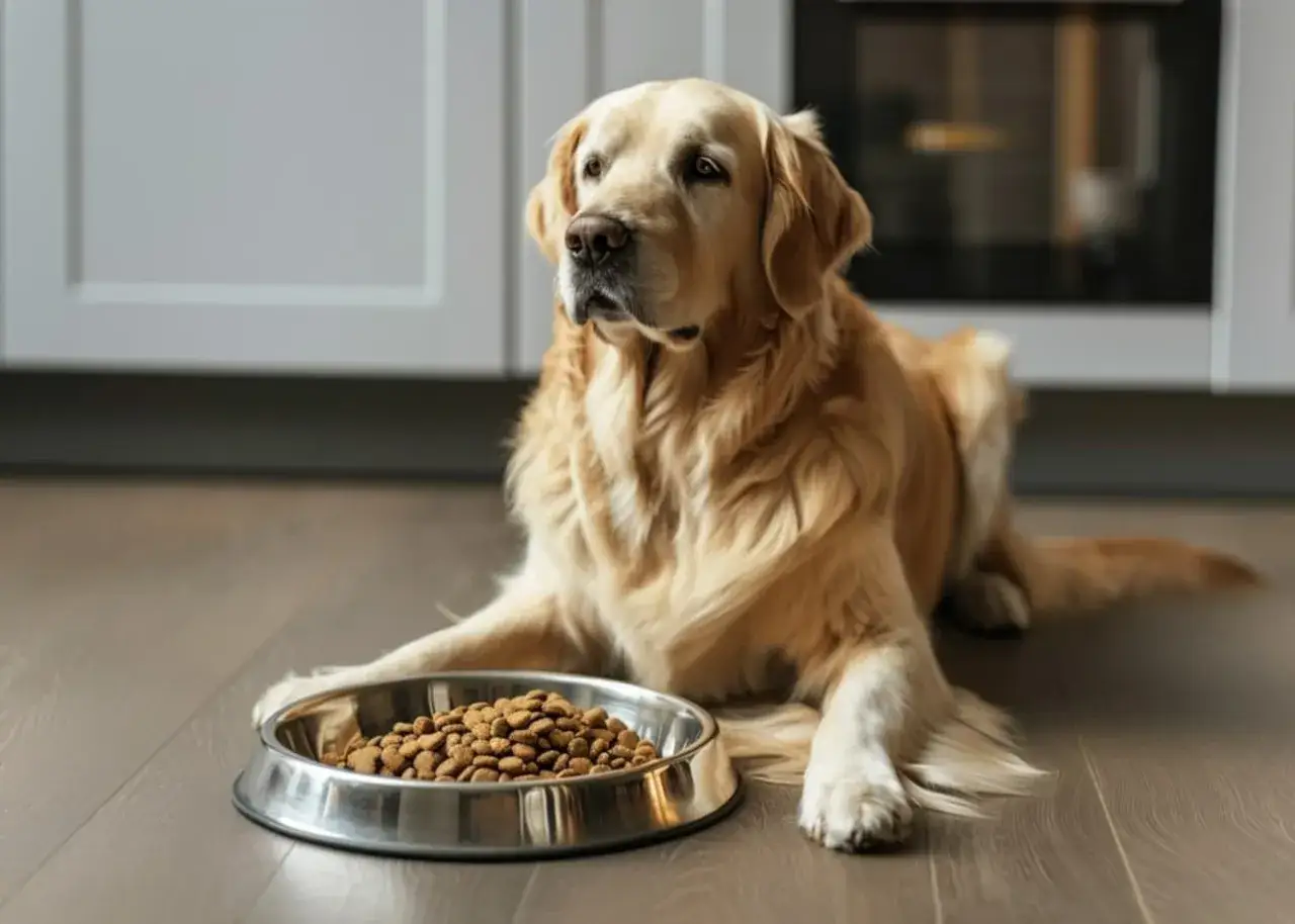 Piękny golden retriever leży obok miski pełnej karmy, czekając cierpliwie na posiłek.