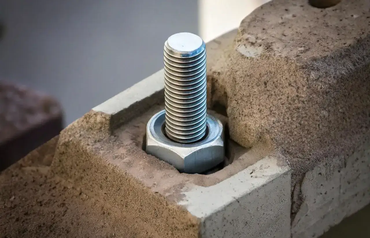 Metalowa śruba z nakrętką, czyli kotwa, mocno osadzona w betonowym elemencie.